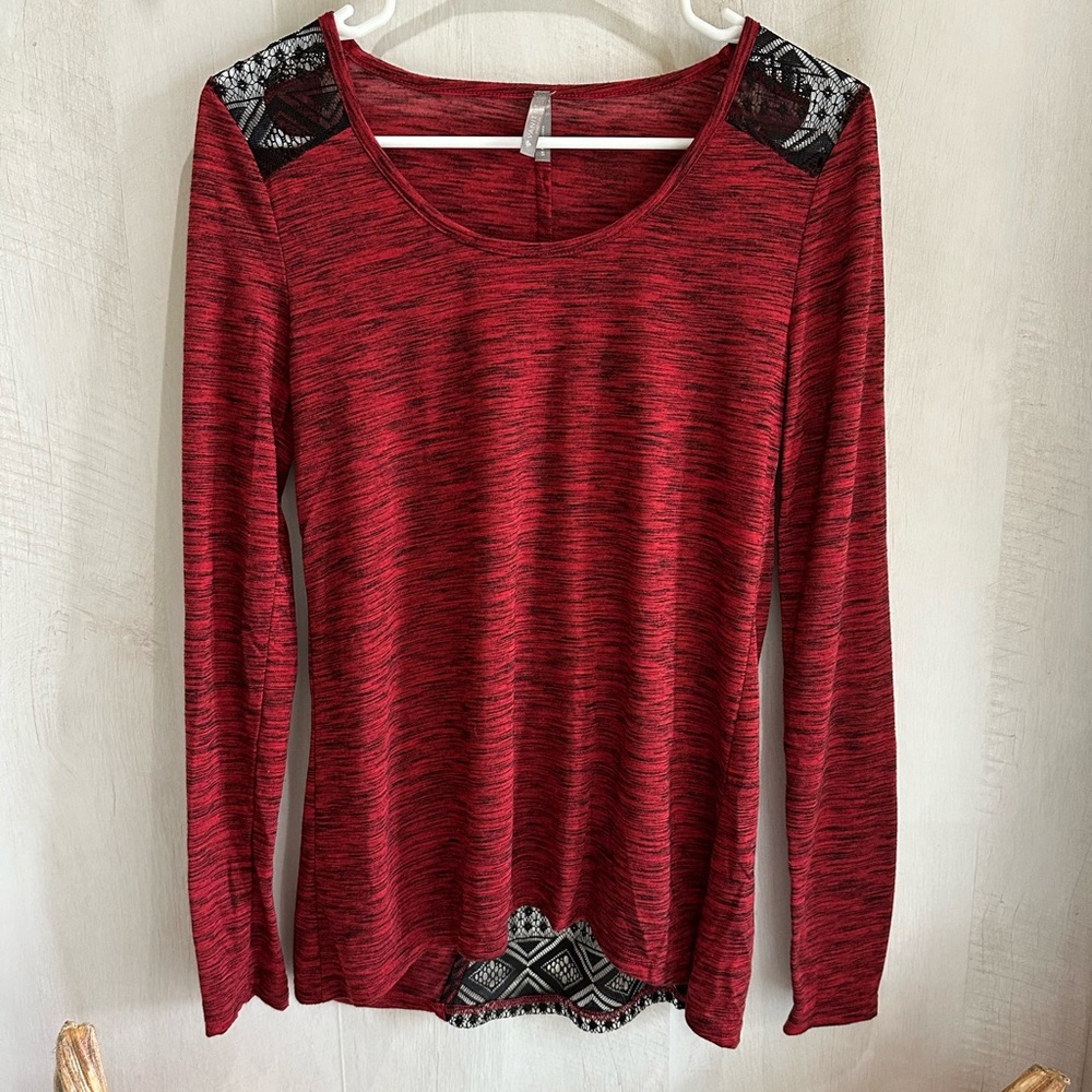 5 for $10 Vanity Maroon and Black Long Sleeve Top with Geometric Trim